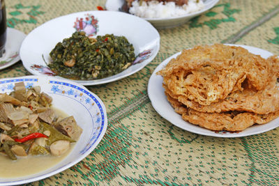 High angle view of food served on table