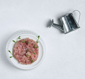 High angle view of food in plate on table