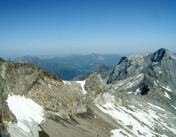 Scenic view of snowcapped mountains against clear blue sky