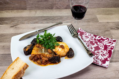 High angle view of food in plate on table