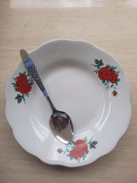 High angle view of dessert in plate on table