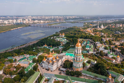 Magical aerial view of the kiev pechersk lavra near the motherland monument.