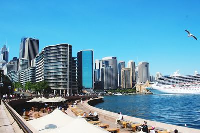 Panoramic view of buildings in city against clear sky