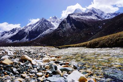 Scenic view of snowcapped mountains against sky