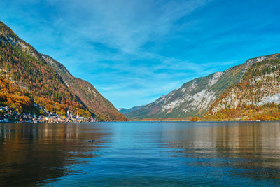 Scenic view of lake and mountains against sky