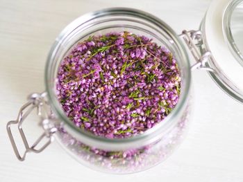 Close-up of purple flowers in jar