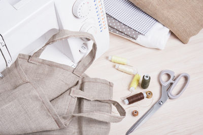 High angle view of objects on table