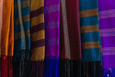 Full frame shot of colorful scarves hanging for sale at market