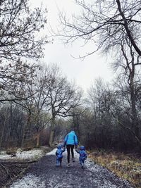 Rear view of father and son walking on bare trees
