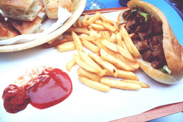 food, food and drink, freshness, ready-to-eat, healthy eating, still life, indoors, plate, close-up, high angle view, meat, french fries, meal, serving size, table, slice, seafood, prepared potato, fish, fried