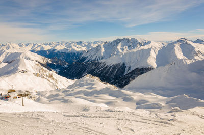 Scenic view of snow covered mountains against sky