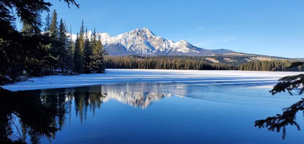 Scenic view of lake and snowcapped mountains against blue sky