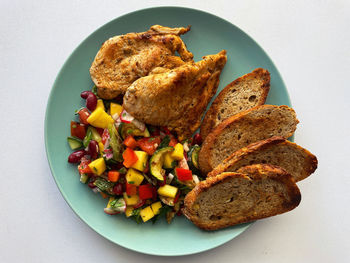 High angle view of food in plate on table