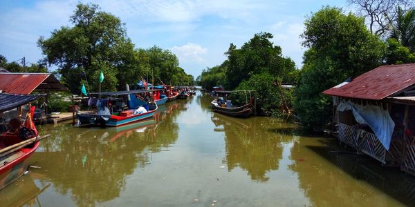 Boats moored in river against sky