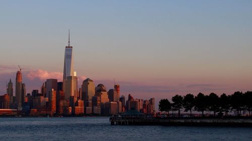 City skyline at sunset