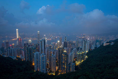 Panoramic view of illuminated buildings in city against sky