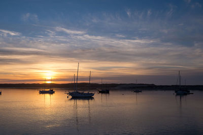 Sailboats moored in marina at sunset