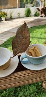 Close-up of coffee served on table