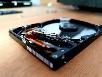 Close-up of hard drive on table