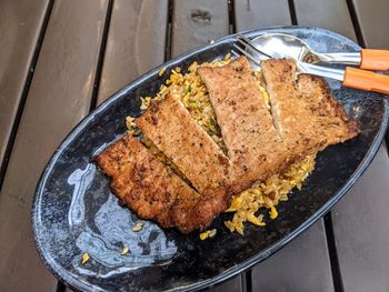 High angle view of bread in plate on table