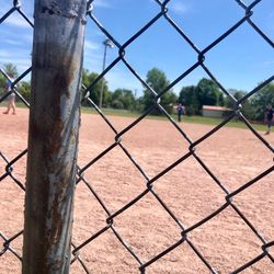 Close-up of chainlink fence against sky