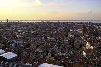 Aerial panoramic view of venice and the lagoon from the top of campanile di san marco 
