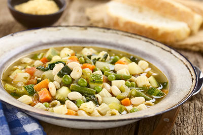 High angle view of soup in bowl on table