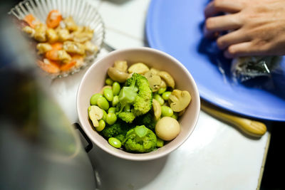 High angle view of salad in bowl on table