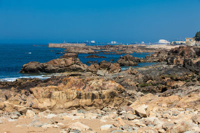 Scenic view of sea against clear blue sky