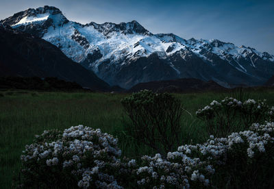 Scenic view of snowcapped mountains against sky