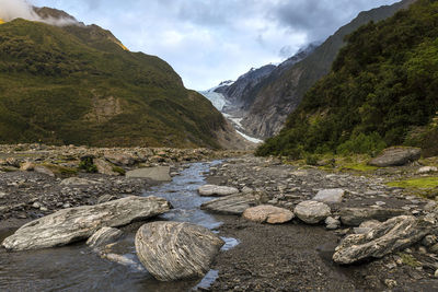 Scenic view of river amidst mountains against sky