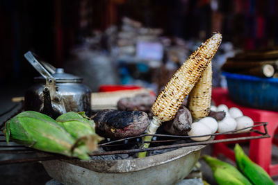 Close-up of meat on barbecue grill