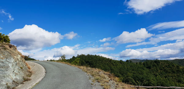 Road by trees against blue sky