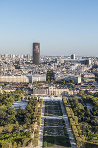 High angle view of buildings against clear sky