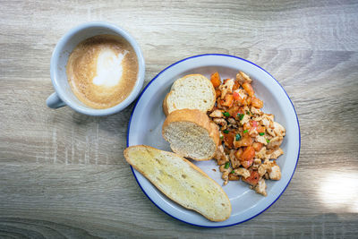High angle view of breakfast served on table