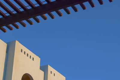 Low angle view of building against clear blue sky