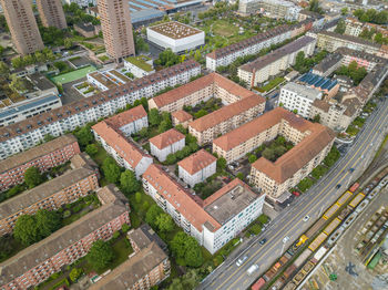 High angle view of buildings in city