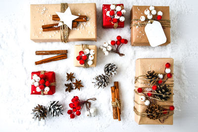 Christmas set collection, background with decorations. christmas gift, pine cones, cinnamon