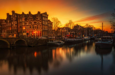 Reflection of buildings in water at sunset