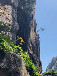 Low angle view of person on rock against mountains