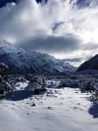 Scenic view of snowcapped mountains against sky