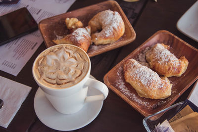 High angle view of breakfast served on table