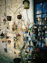 Close-up of clothes hanging on wall