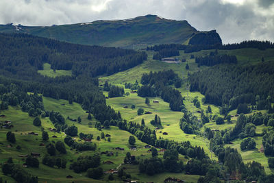 Mountain view with small village in switzerland. view of houses on green grassy hill.