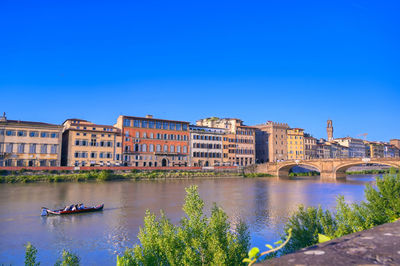 River by buildings against clear blue sky