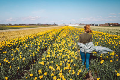 Rear view of woman standing in field