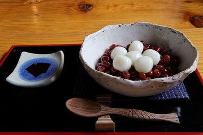 High angle view of dessert in bowl on table