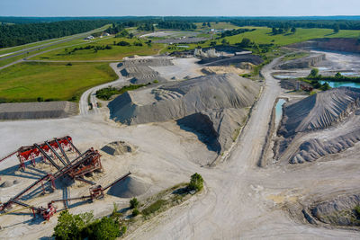 High angle view of machinery on land against sky