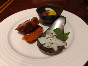 High angle view of food served in plate