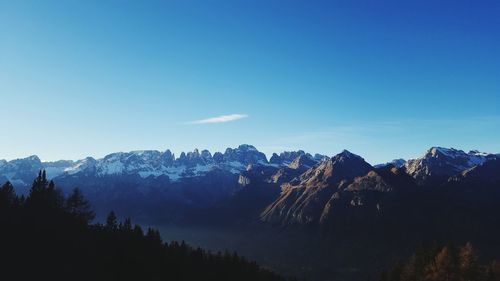 Scenic view of mountains against clear blue sky